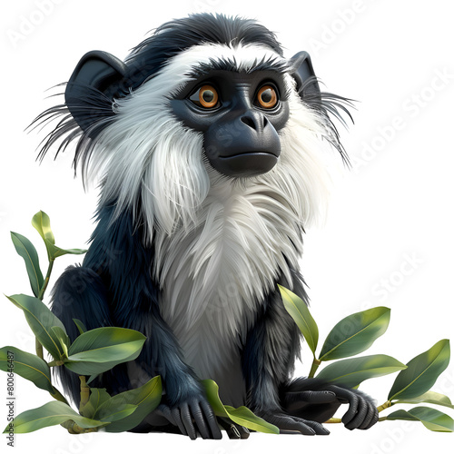 A 3D animated cartoon render of a colobus monkey alerting campers to a poisonous plant.