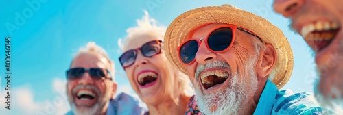 A group of happy senior people with sunglasses laughing and having fun at the beach on a sunny day