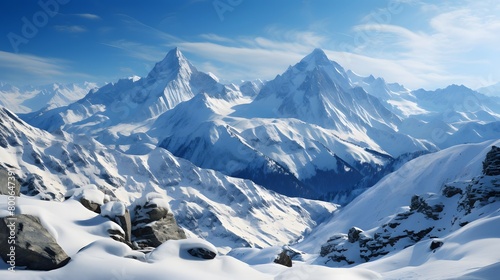 Panoramic view of snowy mountains in Cordillera Blanca, Peru