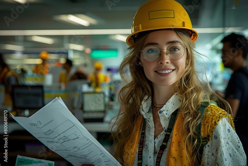 Una mujer joven con un casco industrial amarillo con lentes, sonriendo, mientras sostiene unos papeles en un ambiente de oficina de una empresa. Dia de la mujer ingeniera