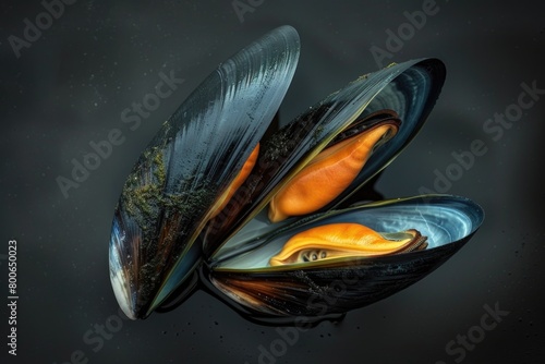 Detailed view of a mussel on a dark background. Ideal for seafood industry promotions