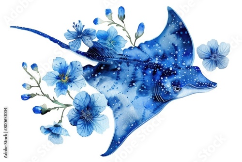 A painting of a manta ray surrounded by blue flowers. Suitable for marine life and nature concepts