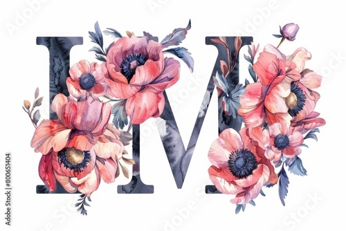 Watercolor painting of the letter M surrounded by colorful flowers. Perfect for stationery or branding designs