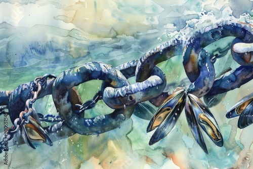 Detailed watercolor painting of a chain of crabs. Suitable for marine life themes
