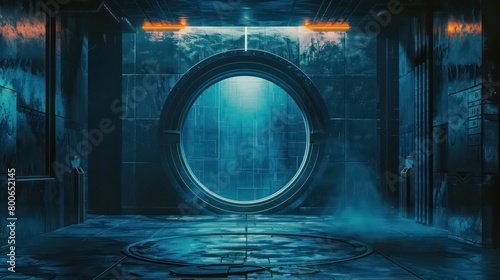 design of a frontal view of a round door in a cyberpunk , sci fi interior scene in dark and neon blue color scheme