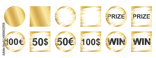 Gold round and square scratch card surfaces with new and scraped textures and Win, Prize and money winning text. Set of of winner lotteries, sale coupons, jackpot scratchcards templates.