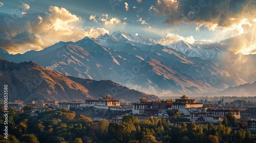 Lhasa skyline, Tibet, with Potala Palace and Himalayan background