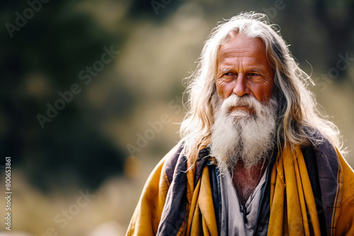A pensive senior man with flowing white hair and a long beard stands in a natural setting, his face marked by the wisdom of age - Guru in nature - Generative AI