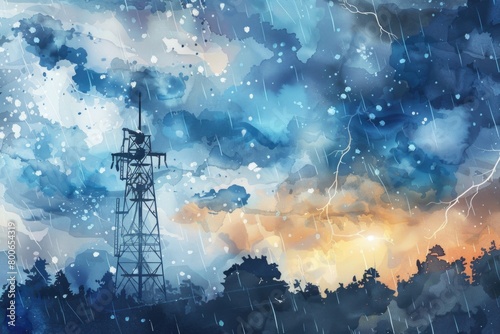 A watercolor painting of a radio tower in the rain. Suitable for technology or weather-related projects