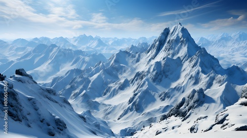 Panoramic view of the snowy mountains of the Caucasus region, Russia