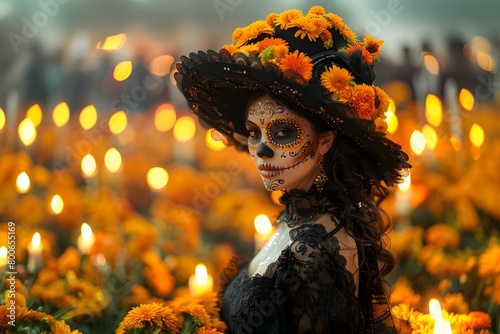 Mujer con maquillaje de catrina un sombrero negro con flores amarillas y un elegante vestido nego al fondo luces de velas encedidas y flores de cempasúchil. Celebracion del dia de muertos