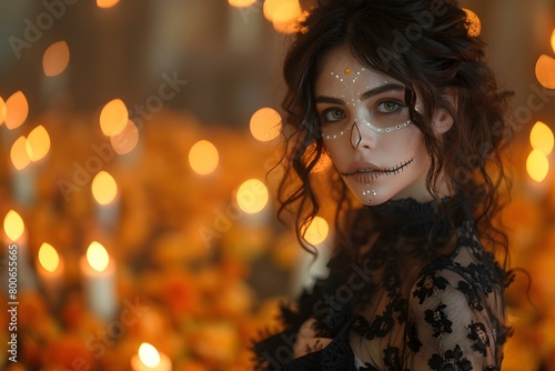 Hermosa mujer con maquillaje de la catrina con un vestido negro al fondo luces boken de velas encendidas. Celebracion del dia de muertos 