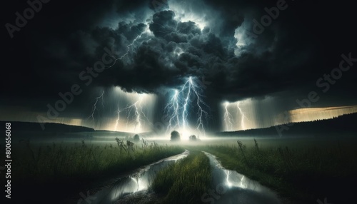 A powerful thunderstorm with multiple lightning strikes illuminating a dark rural field and a night sky.