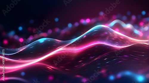 Abstract futuristic background with bokeh lights and pink-blue luminous neon wave lines moving at a rapid pace. Concept of data transfer Wonderful wallpaper, AI-generated