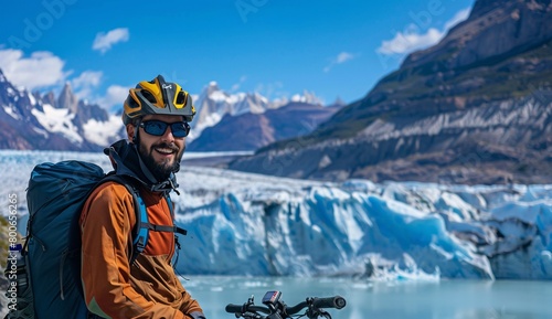 A biker man wearing helmet and backpack standing in front of the glaciar