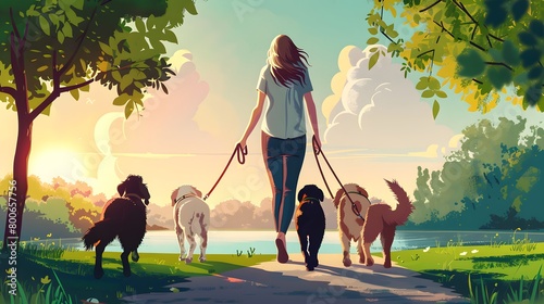 Woman taking her pet dogs out for a walk at the park