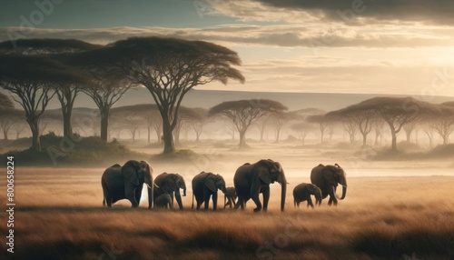A serene scene of an elephant family traversing the misty savannah at dawn with acacia trees in the background.