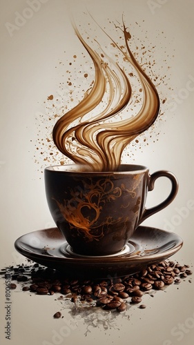 Steaming cup of coffee sits on saucer, surrounded by scattered coffee beans. Wispy tendrils of steam rise from cup, swirling, intertwining in elegant dance.