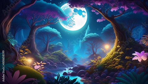 A beautiful fairytale enchanted forest at night with a big moon in the sky illuminating trees and great vegetation