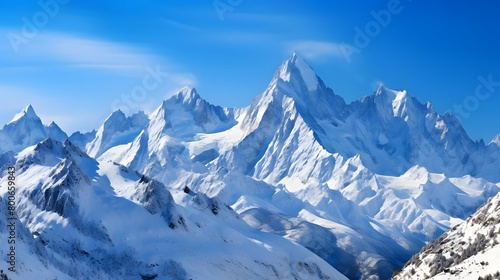 Panoramic view of the snowy mountains in the French Alps.