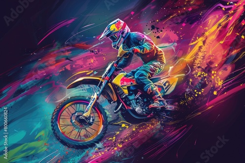 Person riding a dirt bike against a vibrant backdrop. Ideal for sports and adventure concepts