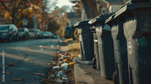 A row of garbage cans on the side of a road, suitable for environmental concepts