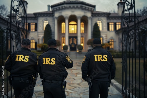 IRS tax agents standing in front of a mansion for a raid