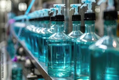 A row of bottles filled with blue liquid. Suitable for various concepts and designs