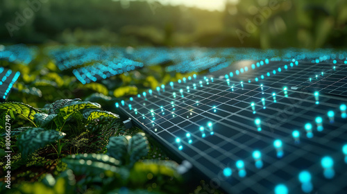 Futuristic solar panels with blue lights installed in a green field, symbolizing renewable energy and advanced technology.