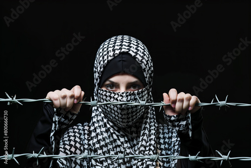 Eyes of Resolve: Woman with Palestinian Keffiyeh and Barbed Wire