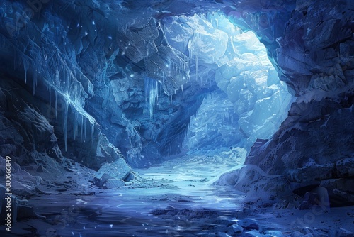 A frozen cave with a stream running through it. Perfect for nature and winter themed projects