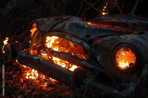 A haunting image capturing the intense flames engulfing an old, vintage car amidst a shadowy forest's underbrush