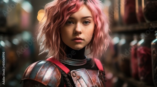 Futuristic warrior with pink hair