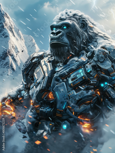 robotic gorilla and Biomechanic monster, giant robot animal walking in snow mountains. Wall Art Design for Home Decor, 4K Wallpaper and Background for desktop, laptop, Computer, Tablet, Mobile phone