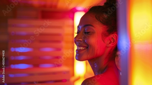 A woman smiling as she exits the sauna her face and body covered in a light sheen of sweat a sign of the infrared waves trating her joints and improving circulation..