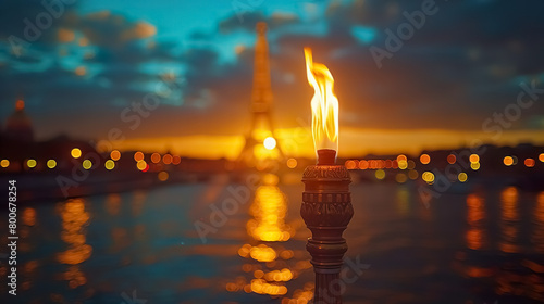 iconic Olympic flame burning bright against a blurred cityscape at dusk