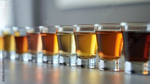 A flight of small glasses each containing a different type of nonalcoholic brew arranged in a row for easy comparison.