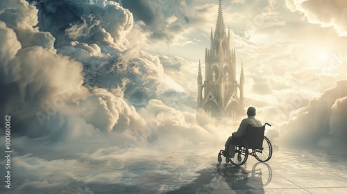 movie poster of a man in a wheelchair from the ground staring at a white gothic marble casstle in the clouds, 4k , 