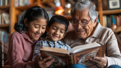 Older Man and Two Young Children Reading a Book