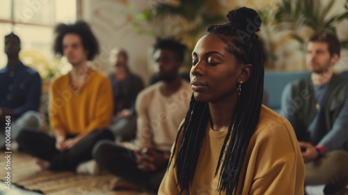 A group of diverse individuals ranging in age and background sit in a circle with their eyes closed deeply focused on a guided meditation session.