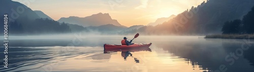 Kayak gliding through misty mountain lake at dawn, serene and isolated, soft light, wide shot