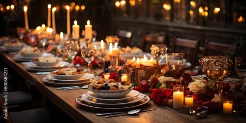 Elegant christmas table setting with candles in a restaurant.