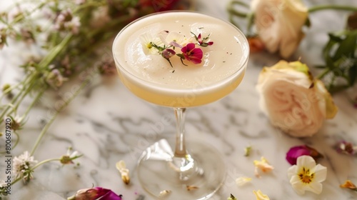 An elegant mocktail adorned with edible flowers and served with a tangy goat cheese.