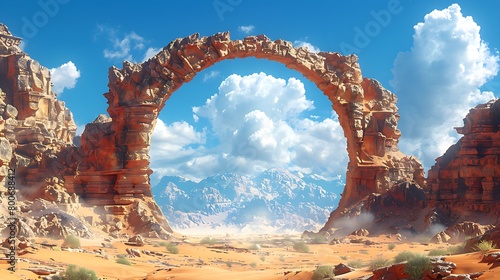 A fantastical gate entrance is depicted within a vast desert landscape, dominated by sweeping dunes and an expansive, clear sky