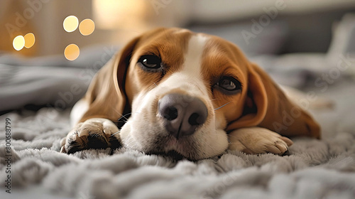 An adorable beagle dog rests with a soulful expression on a cozy grey blanket, creating a homely atmosphere. 
