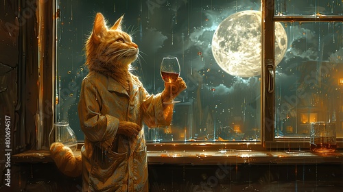 On a deep, still night, an anthropomorphized orange cat, clad in an exquisitely tailored silk pajama, stands by a window with a glass of aged red wine in its hand. 