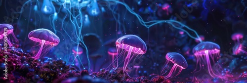 bio luminescent mushroom forest, glowing electric jellyfish circuits