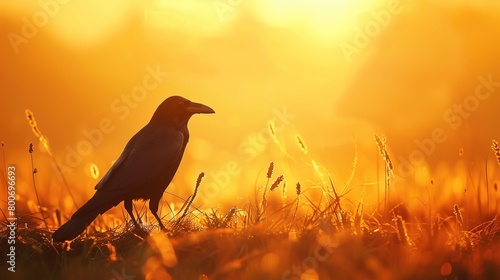 Black bird raven silhouetted in early morning bright warm dawn golden light --ar 16:9 Job ID: 2adb0cb6-008d-4f4e-85be-de3f845ec50b
