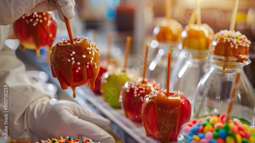 A candy apple making station where guests are dipping apples in caramel and decorating them with colorful sprinkles.