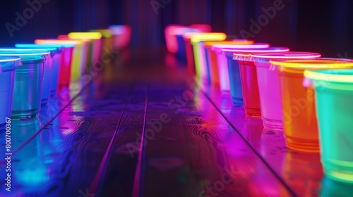 A game of neonlit beer pong with the traditional drink rep by glowing nonalcoholic options.